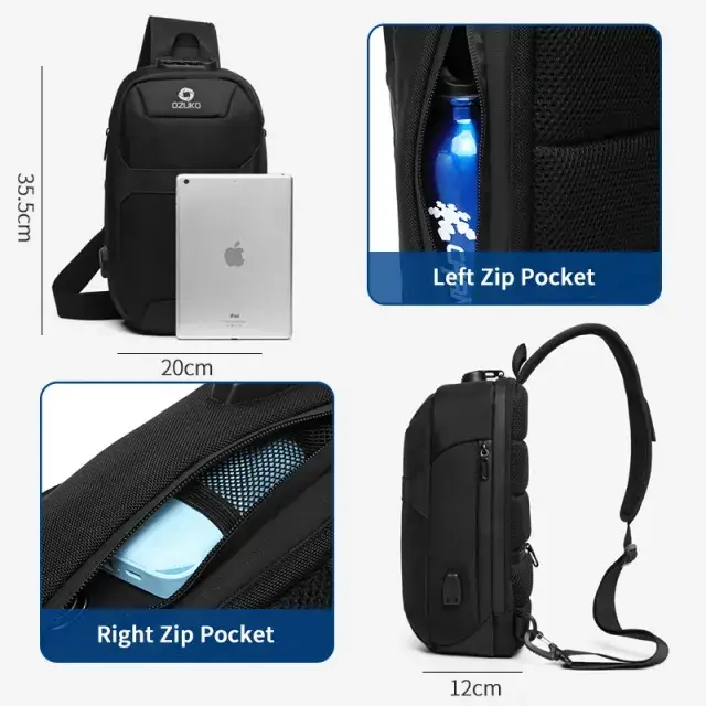 Ozuko 9270 Men's Waterproof Anti-Theft Sling Bag USB Charging Nylon Sports Chest & Crossbody Satchel
