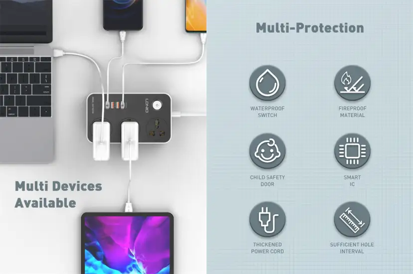 LDNIO SC3412 Power Strip with 3 Outlets & Fast Charging USB Ports