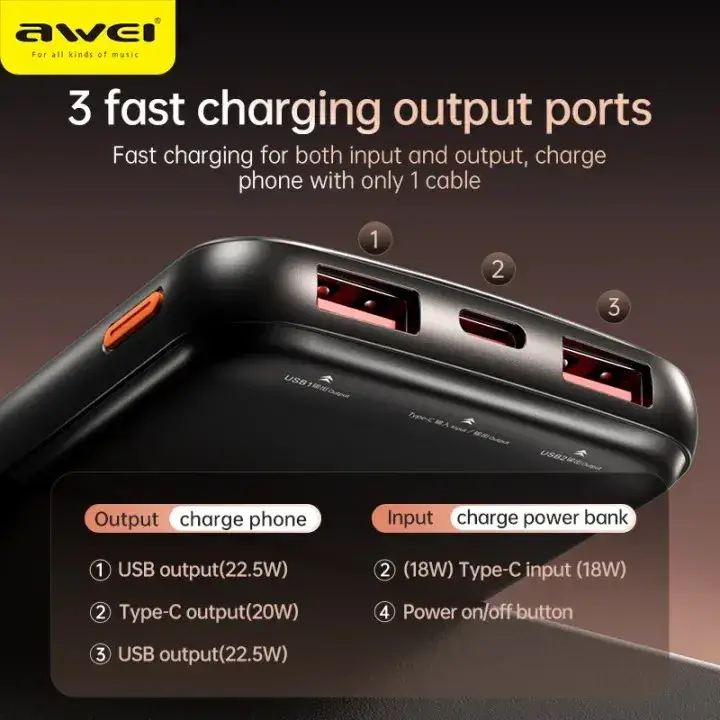 Awei P10K 10000mAh 22.5W PD+QC Fast Charging Slim Power Bank with Digital Display
