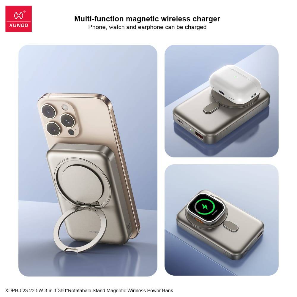 XUNDD XDPB-023 10000mAh 22.5W 3-in-1 Magnetic Wireless Power Bank with 360° Rotatable Stand