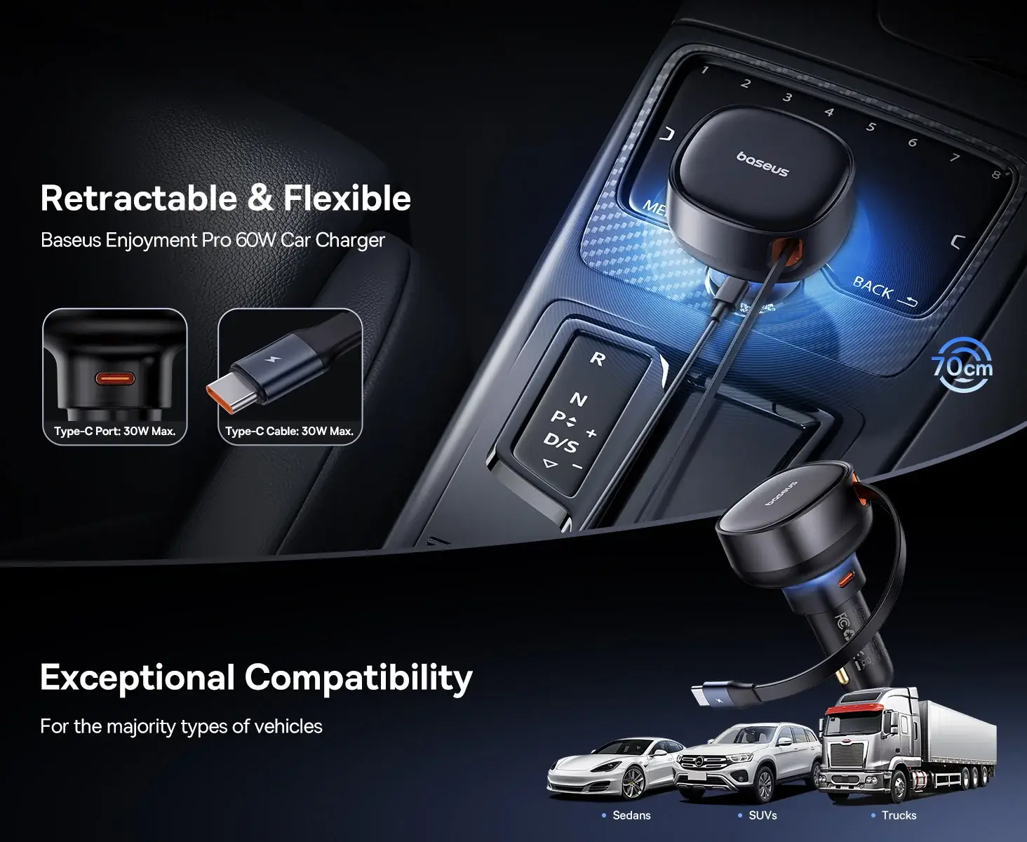Baseus Enjoyment Pro 60W Retractable USB-C Fast Car Charger