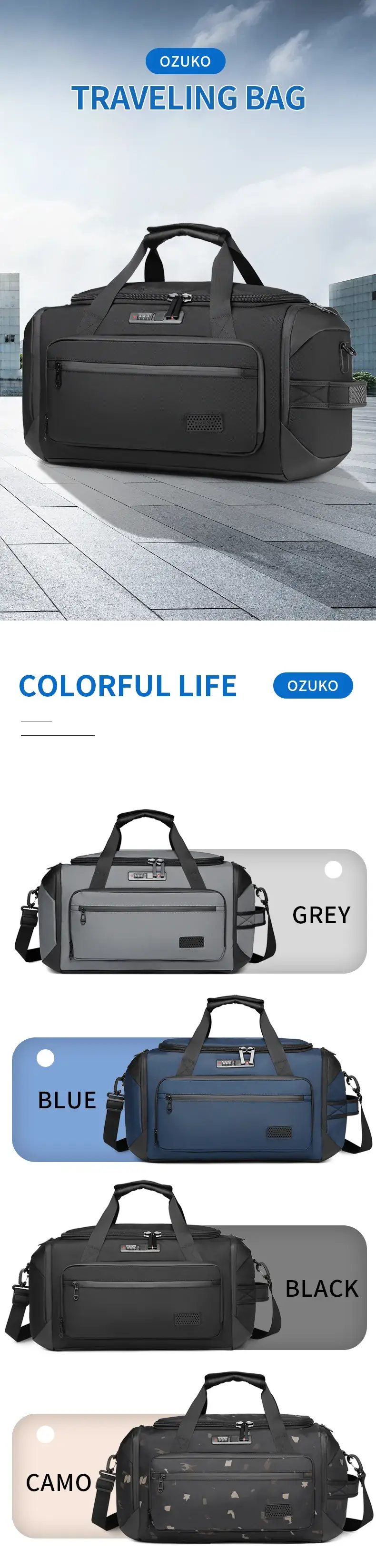 Ozuko 9709 55L Waterproof Travel Duffel Bag with Shoe Compartment Business Travel Bag Luggage