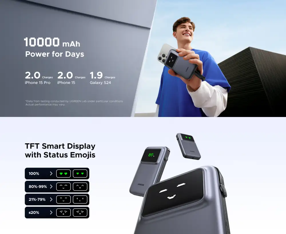UGREEN PB511 10000mAh 30W Fast Charging Power Bank with Built-in USB-C Cable