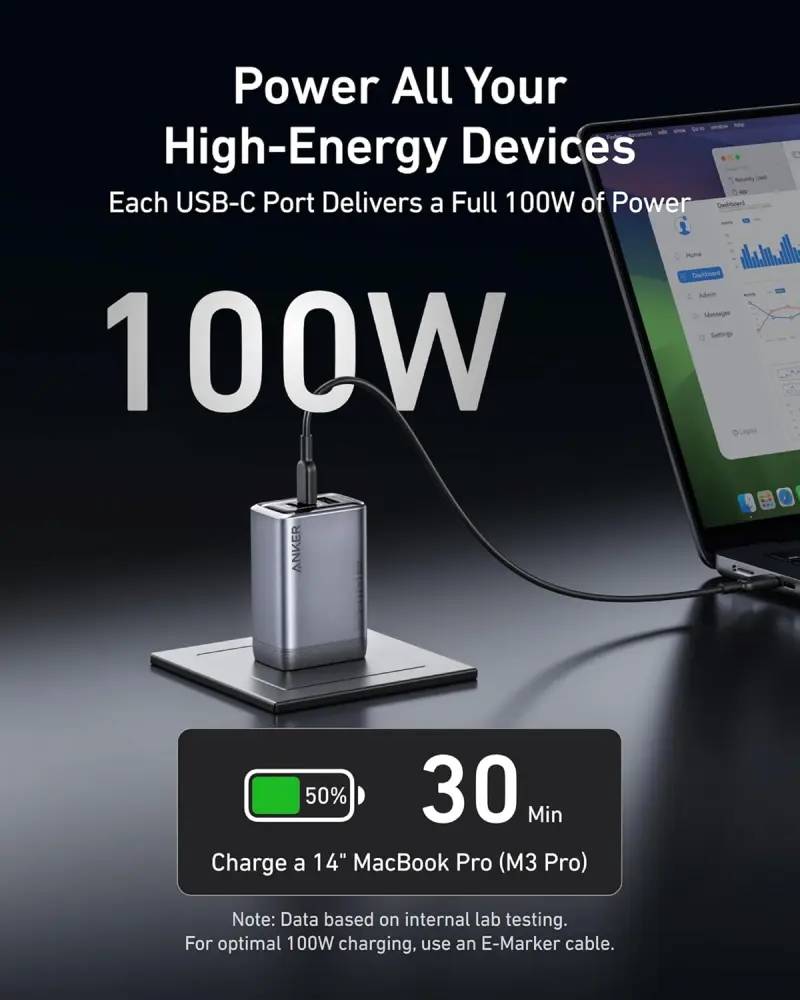 Anker A2688 Prime 100W GaN Wall Charger 3-Port High-Power Portable Adapter