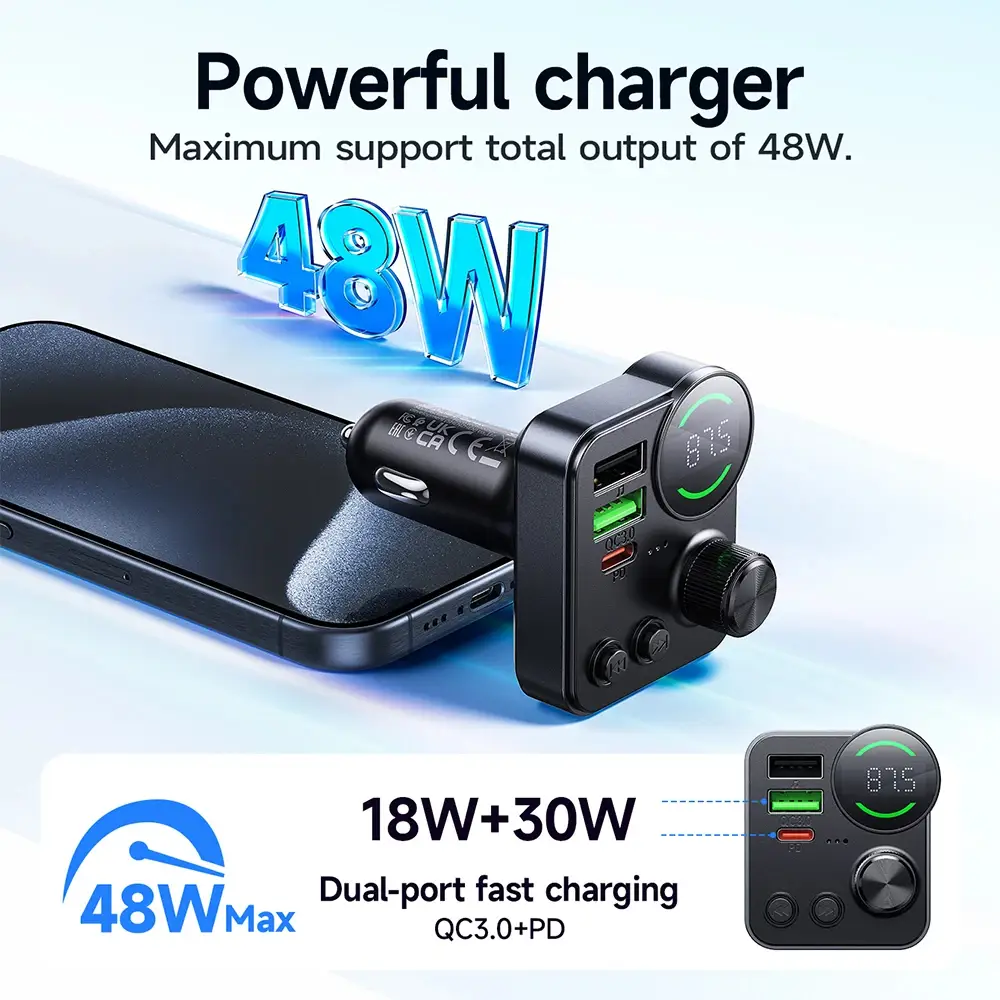 Hoco E86 Alegria 48W Dual-Port Car Charger with PD 30W, QC 3.0 Fast Charging & Bluetooth FM Transmitter