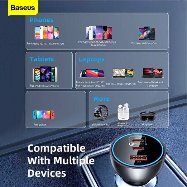 BASEUS 160W Multi-Port Car Charger Fast with Qualcomm QC 5.0 Type-C + Type-C + USB Power Adapter