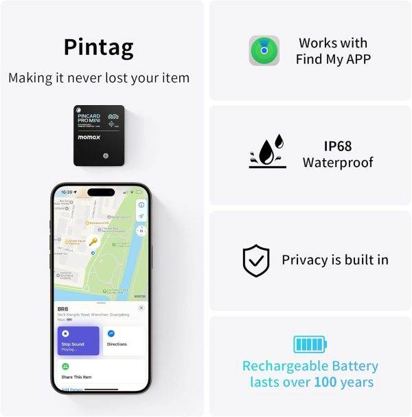 Momax PinCard Pro Mini Rechargeable Bluetooth Find My Tracker