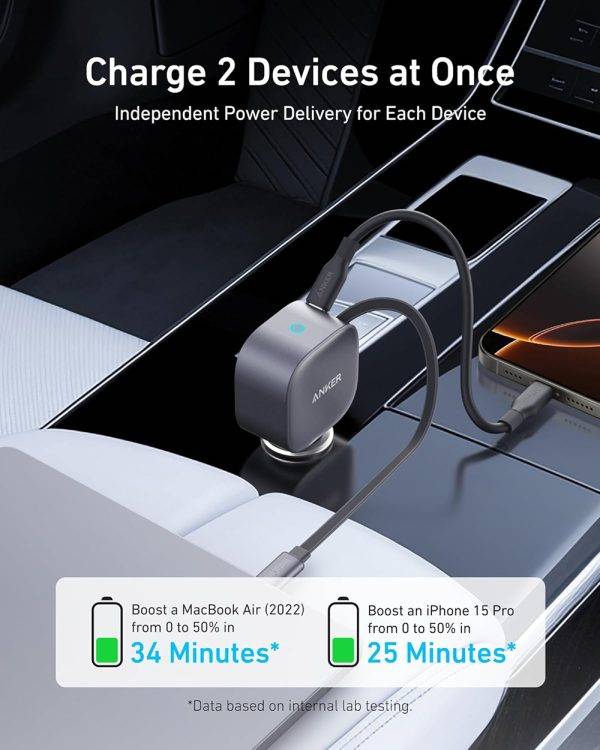 Anker Nano A2738 75W USB-C Car Charger Built-in Retractable USB-C Cable