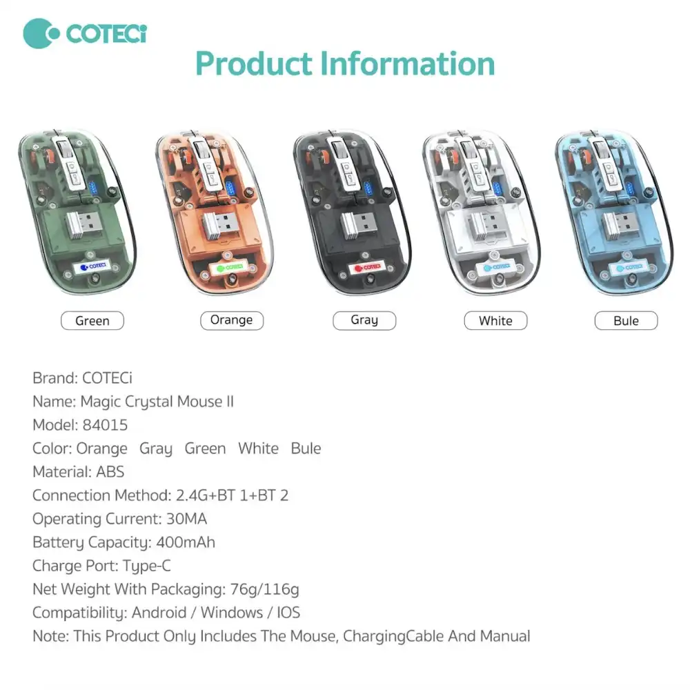 COTECi 84015-GY Transparent Wireless Bluetooth  Mouse 