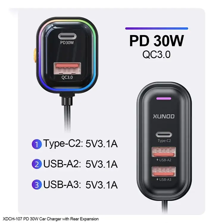 XUNDD XDCH-107 30W PD Fast Car Charger with Rear Seat Charging Ports & RGB Ambient Light
