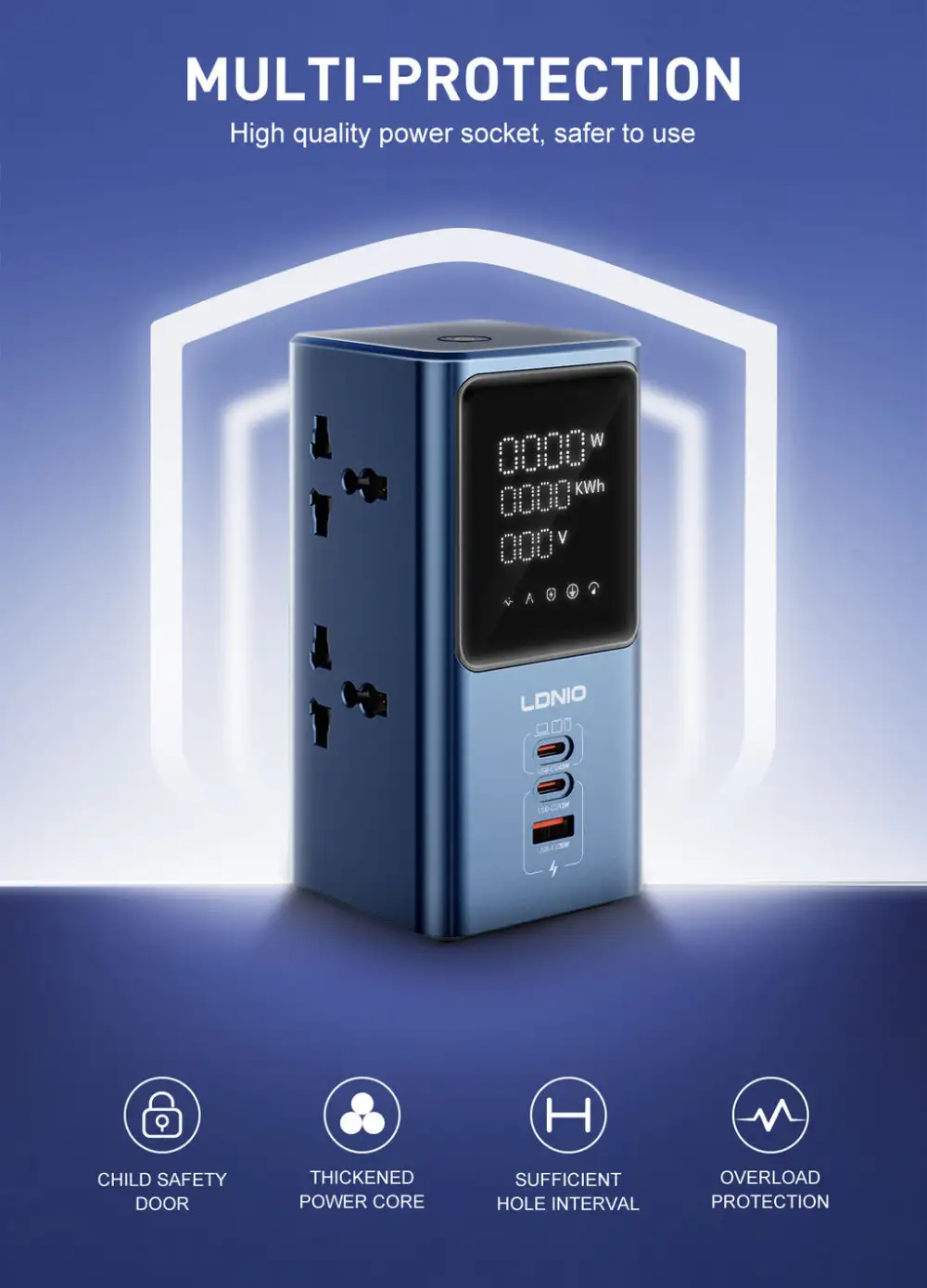 LDNIO SC2 45W GaN PD Fast Charging 7-in-1 Power Strip with LED Display