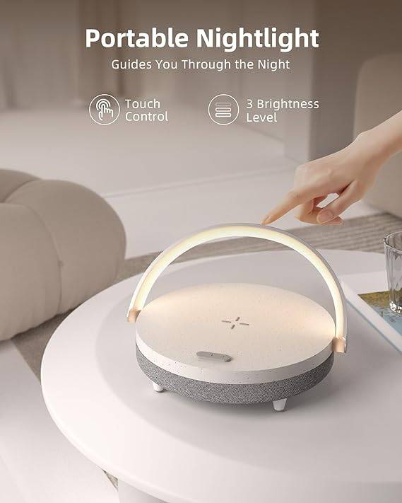 EZVALO 4-in-1 Touch Bedside Lamp Wireless Charger Bluetooth Speaker Phone Holder & Dimmable LED Night Light