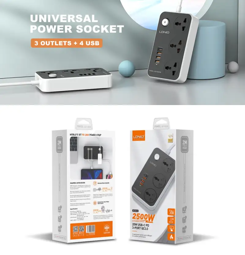 LDNIO SC3412 Power Strip with 3 Outlets & Fast Charging USB Ports