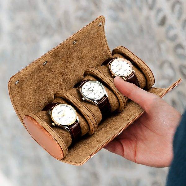 Luxury Vintage Leather Watch Roll 3 Slot Travel Storage Case