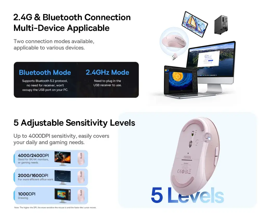 Baseus BS-F02 Dual Mode Wireless Bluetooth Mouse 5.2 & 2.4G Connectivity