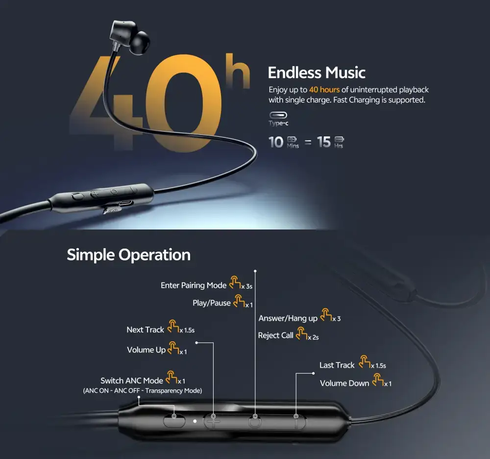 QCY BassBloom ANC N2 Neckband 25DB Active Noise Cancelling Bluetooth Earphones