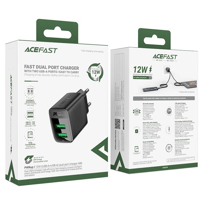 Acefast A86 12W Dual USB-A Fast Wall Charger Adapter