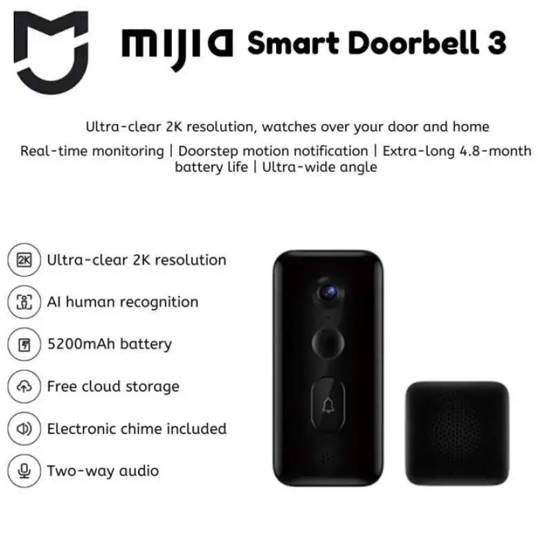 Xiaomi MJML05-FJ Smart Doorbell 3 2K HD Video 5200mAh Battery AI Motion Detection