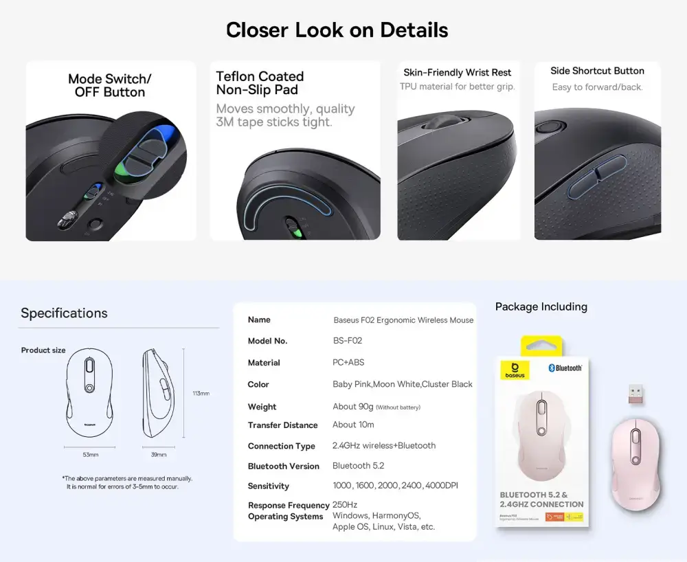 Baseus BS-F02 Dual Mode Wireless Bluetooth Mouse 5.2 & 2.4G Connectivity