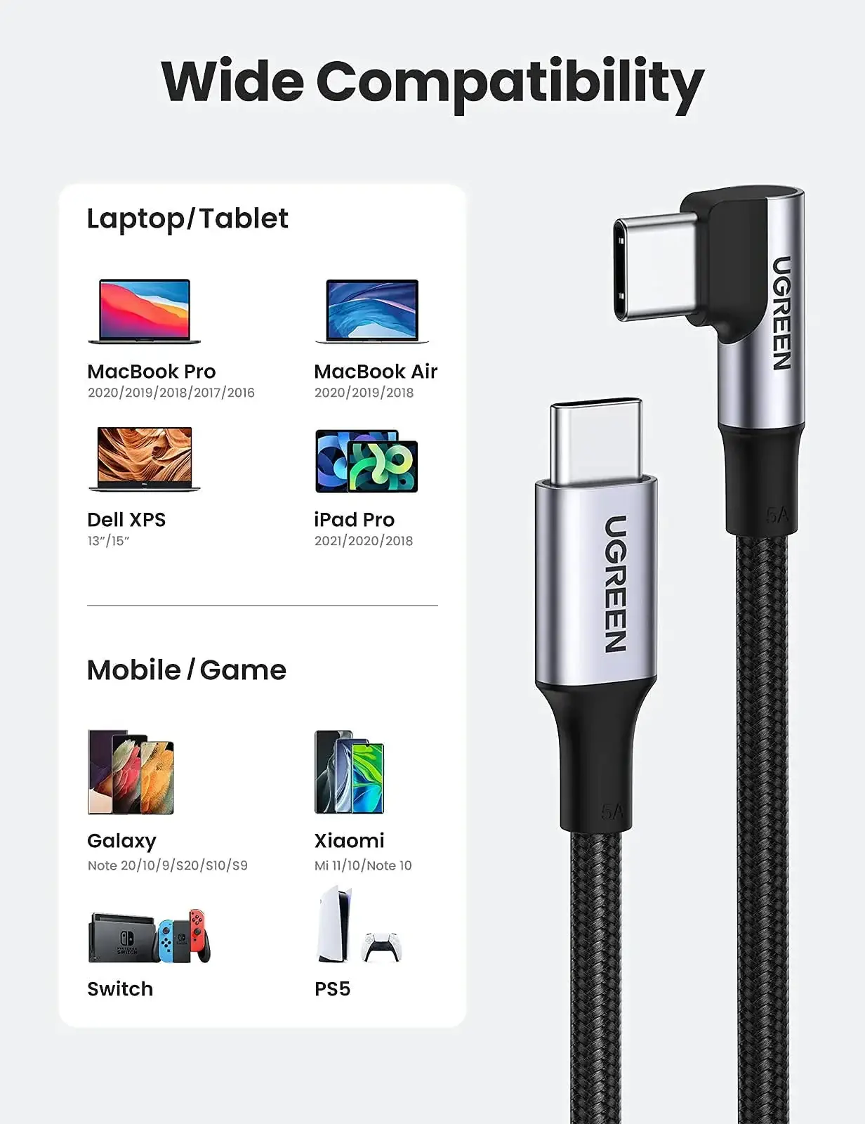 UGREEN US334 USB-C to USB-C Cable 100W 5A Fast Charging 2M