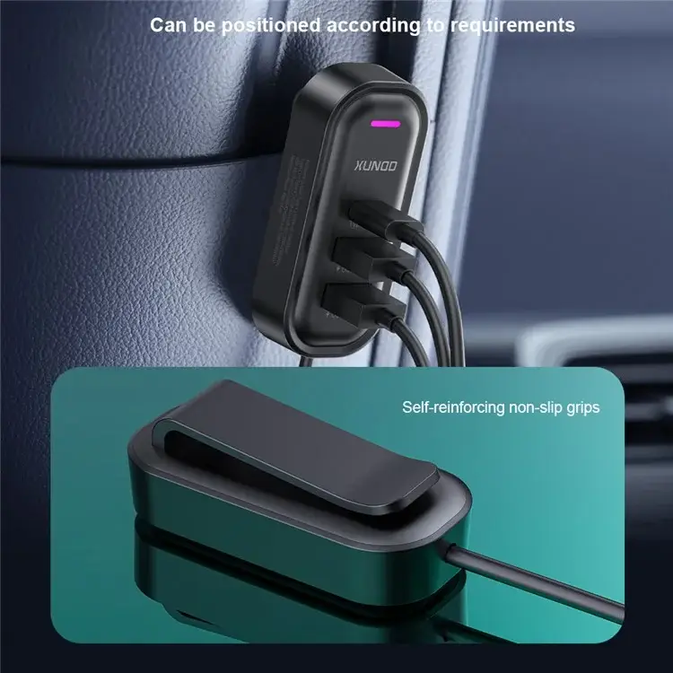 XUNDD XDCH-107 30W PD Fast Car Charger with Rear Seat Charging Ports & RGB Ambient Light