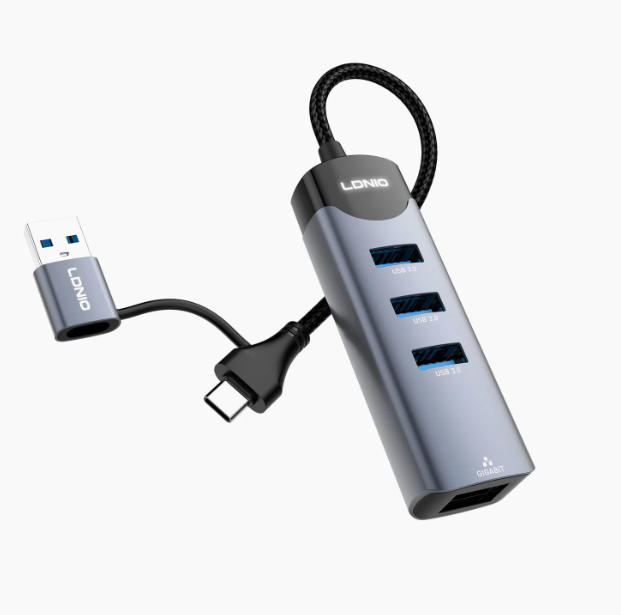 Ldnio DS-144UC USB-A & Type-C Hub 3× USB 3.0 Ports + 1× RJ45 Mobile Charging & Data Transfer