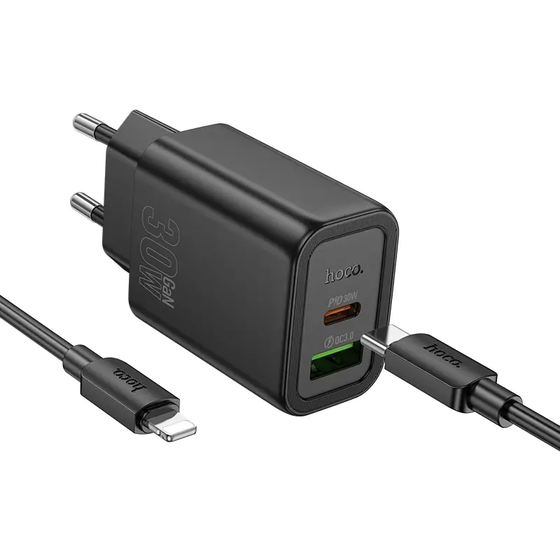 Hoco N63 30W PD QC3.0 Dual-Port Fast Charging Wall Charger with 1m USB-C to Lightning Cable