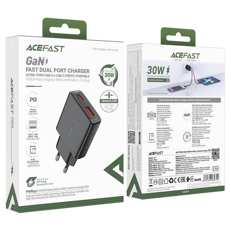 ACEFAST A69 30W GaN 1×USB-C & 1×USB-A Fast Charging Wall Adapter