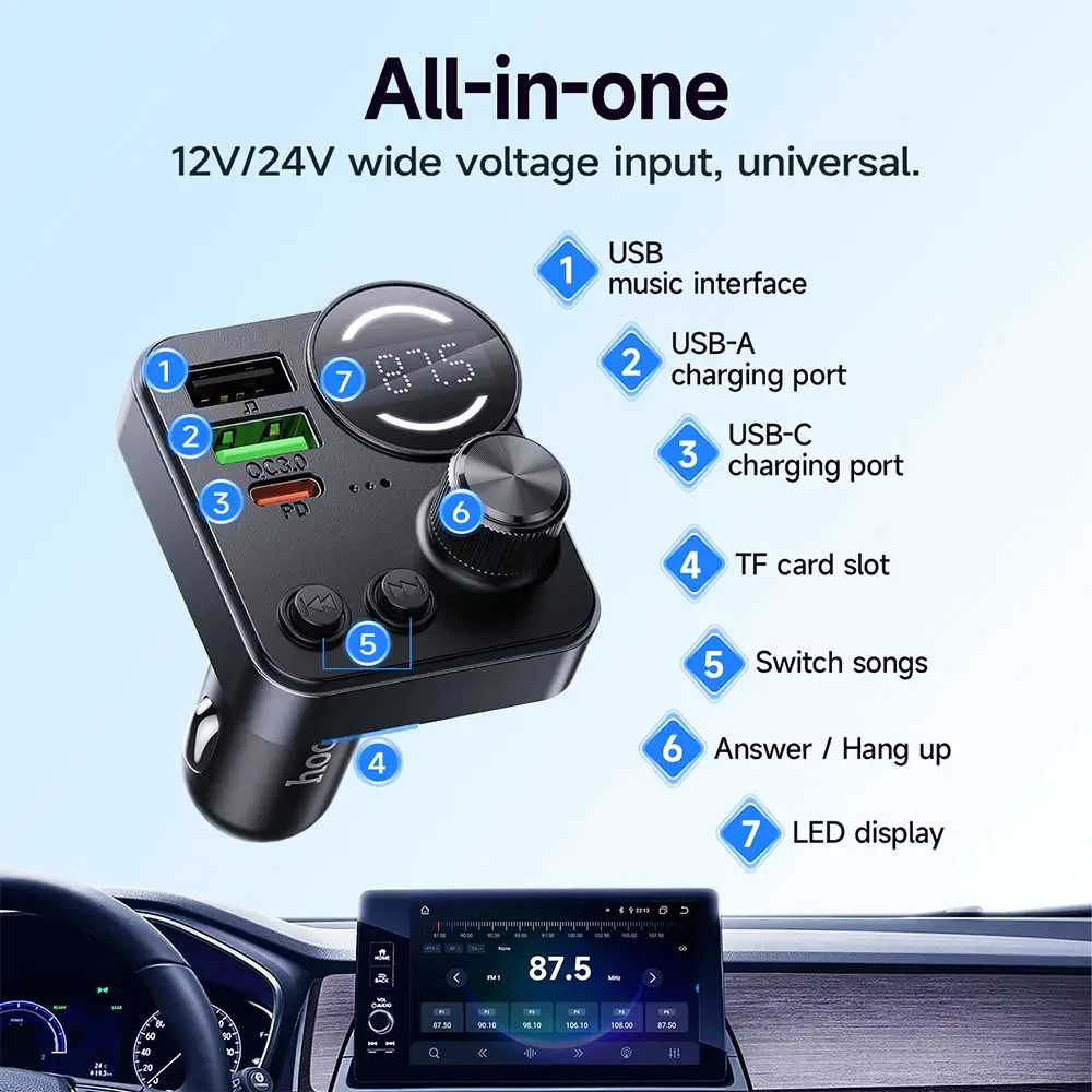Hoco E86 Alegria 48W Dual-Port Car Charger with PD 30W, QC 3.0 Fast Charging & Bluetooth FM Transmitter