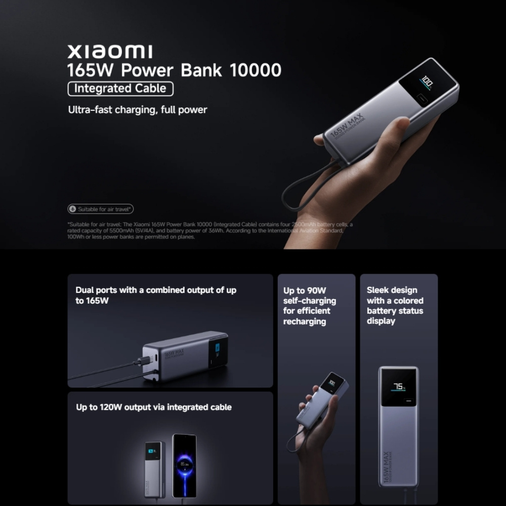 Xiaomi 10000mAh 165W High-Speed Power Bank with Built-in USB-C Cable Ultra-Fast Charging 