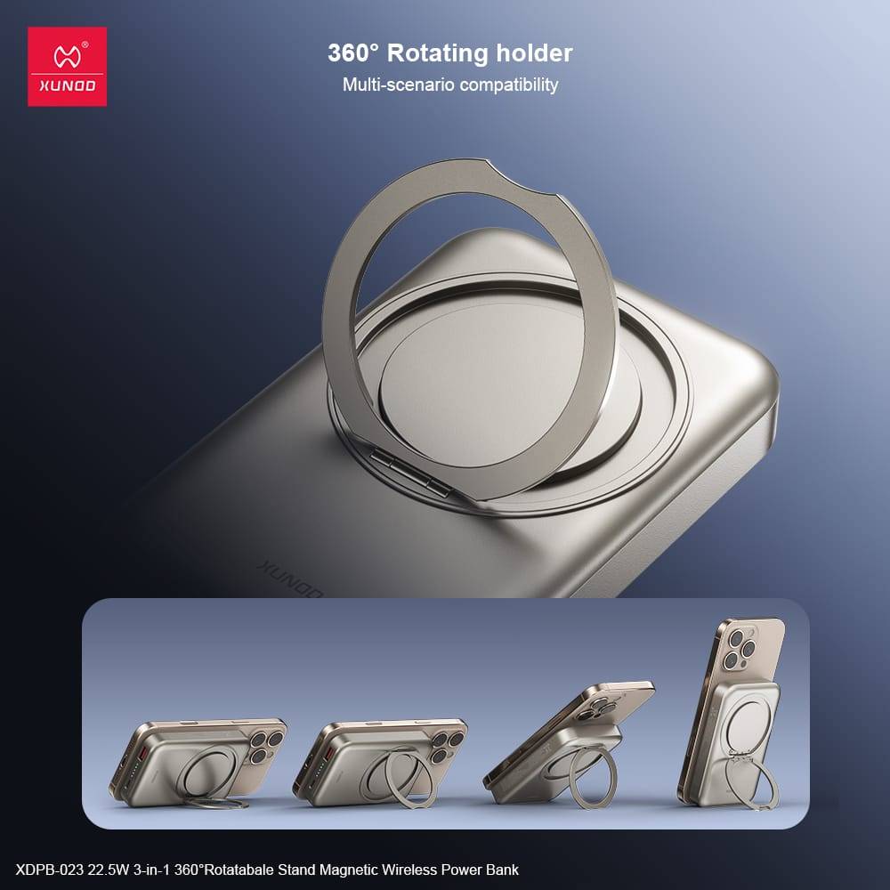 XUNDD XDPB-023 10000mAh 22.5W 3-in-1 Magnetic Wireless Power Bank with 360° Rotatable Stand
