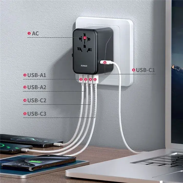 XUNDD XDCH-072 65W 5 Port USB Universal Travel Adapter - Black
