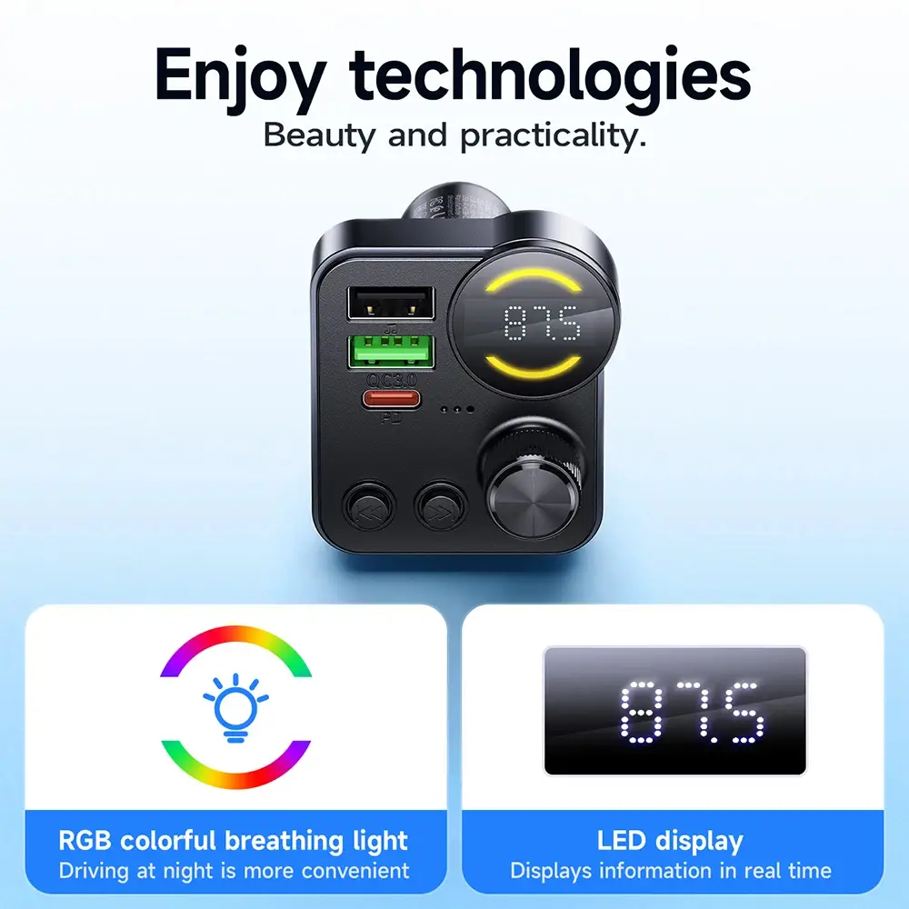 Hoco E86 Alegria 48W Dual-Port Car Charger with PD 30W, QC 3.0 Fast Charging & Bluetooth FM Transmitter