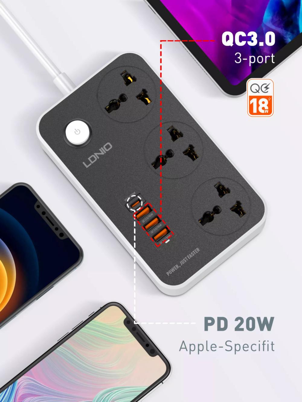 LDNIO SC3412 Power Strip with 3 Outlets & Fast Charging USB Ports