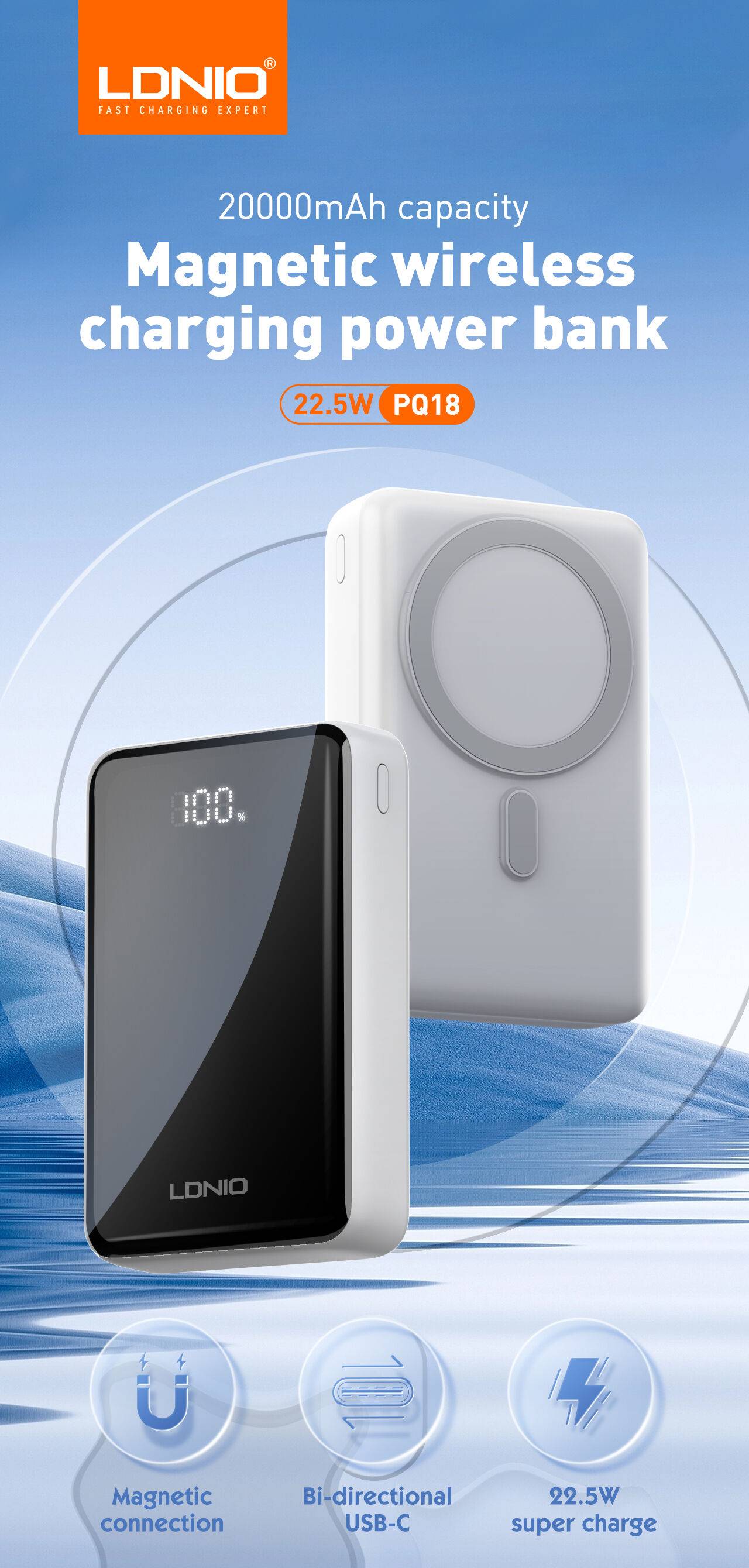 LDNIO PQ18 20,000mAh Magnetic Wireless Power Bank