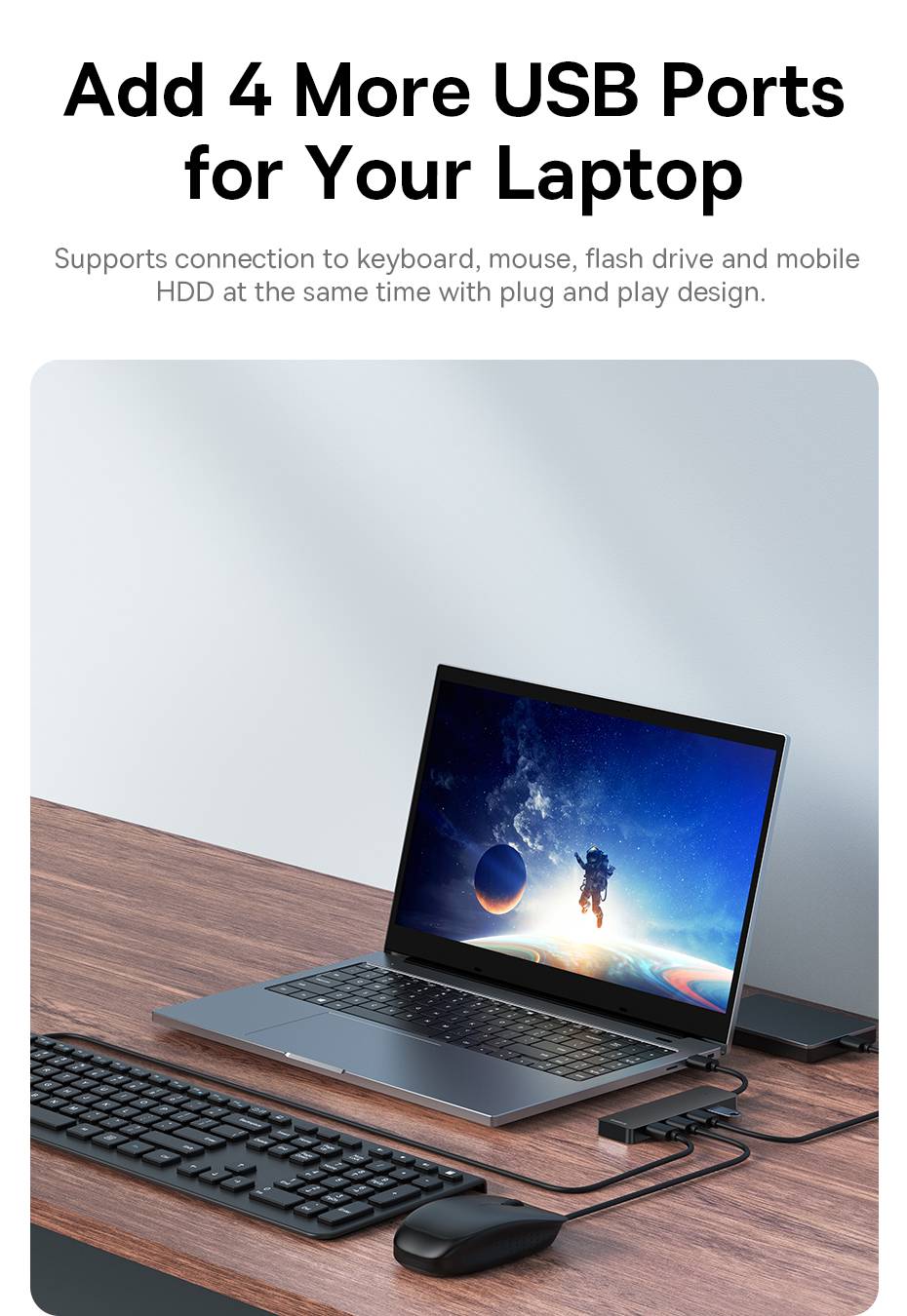 Baseus UltraJoy Series 4-Port USB-A Hub: Versatile USB3.0 Docking Station with Extended 100cm Cable