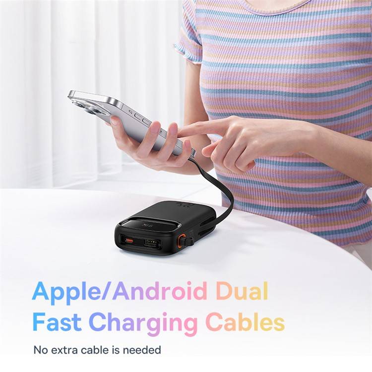Baseus Qpow 2 Power Bank: 22.5W 20000mAh with Built-In Lightning & Type-C Cables and Digital Display Baseus Qpow 2 Power Bank: 22.5W 20000mAh with Built-In Lightning & Type-C Cables and Digital Display