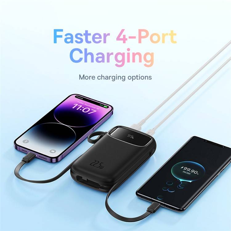 Baseus Qpow 2 Power Bank: 22.5W 20000mAh with Built-In Lightning & Type-C Cables and Digital Display Baseus Qpow 2 Power Bank: 22.5W 20000mAh with Built-In Lightning & Type-C Cables and Digital Display