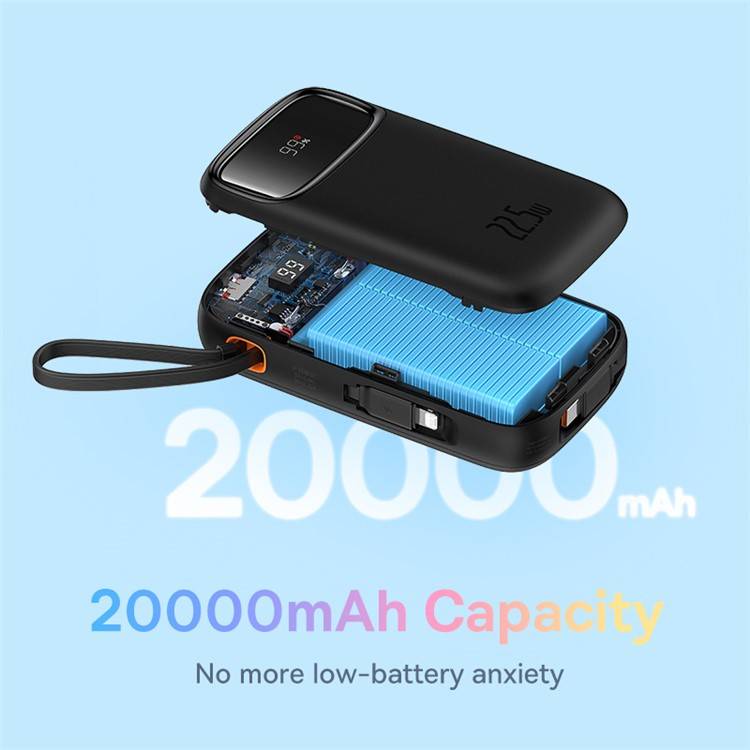 Baseus Qpow 2 Power Bank: 22.5W 20000mAh with Built-In Lightning & Type-C Cables and Digital Display Baseus Qpow 2 Power Bank: 22.5W 20000mAh with Built-In Lightning & Type-C Cables and Digital Display