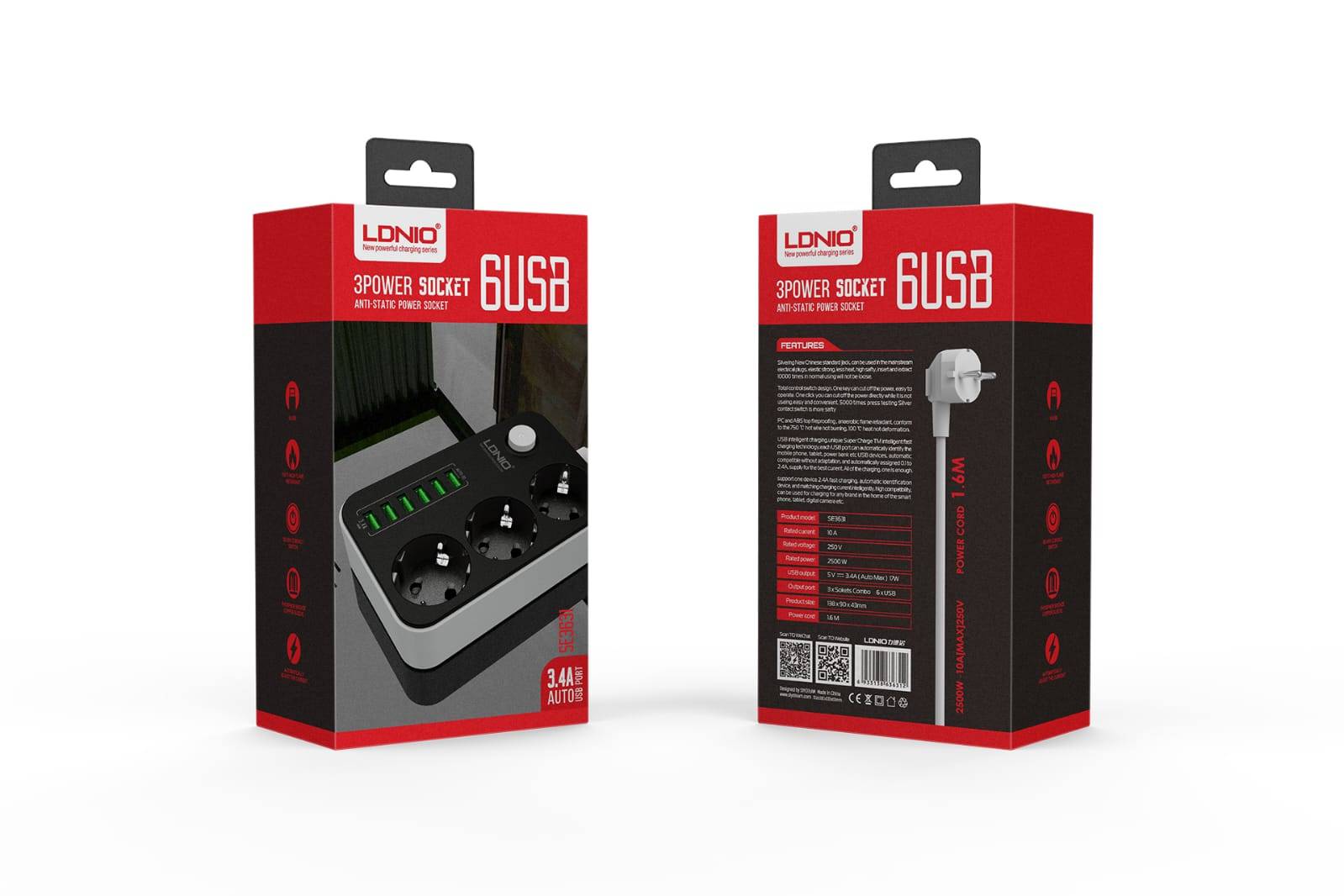 LDNIO SC3631 Smart Power Strip with 3 AC Outlets & 6 USB Ports 1.6m Cord