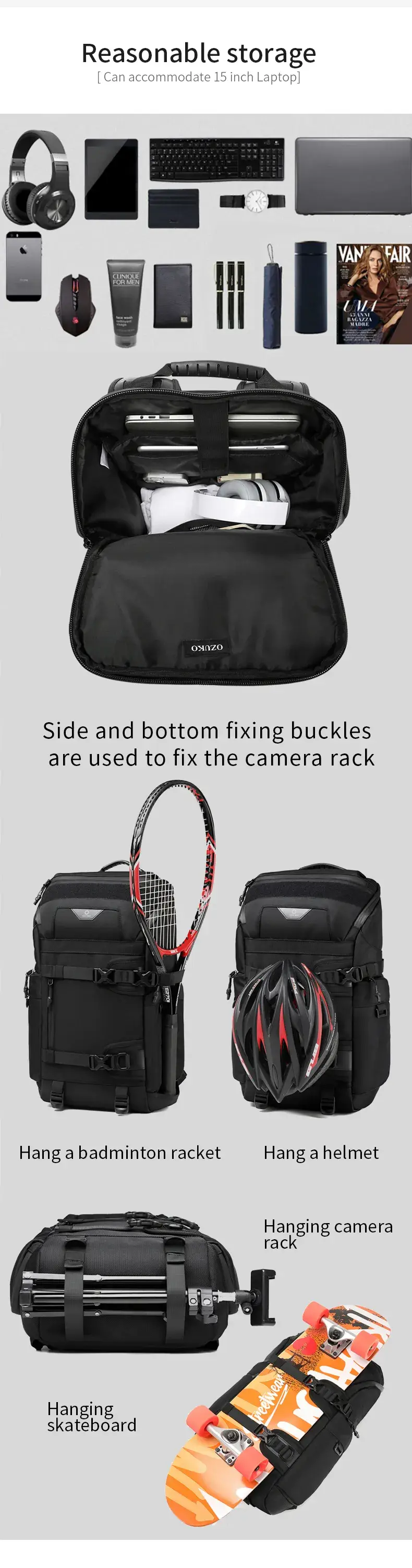 Ozuko 9617 Designer Anti-Theft Multifunction Travel Backpack Skateboard Storage & 15.6″ Laptop Bag