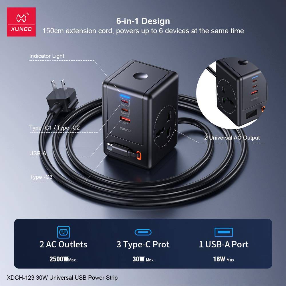 XUNDD XDCH-123 30W Universal USB Fast-Charging Power Strip