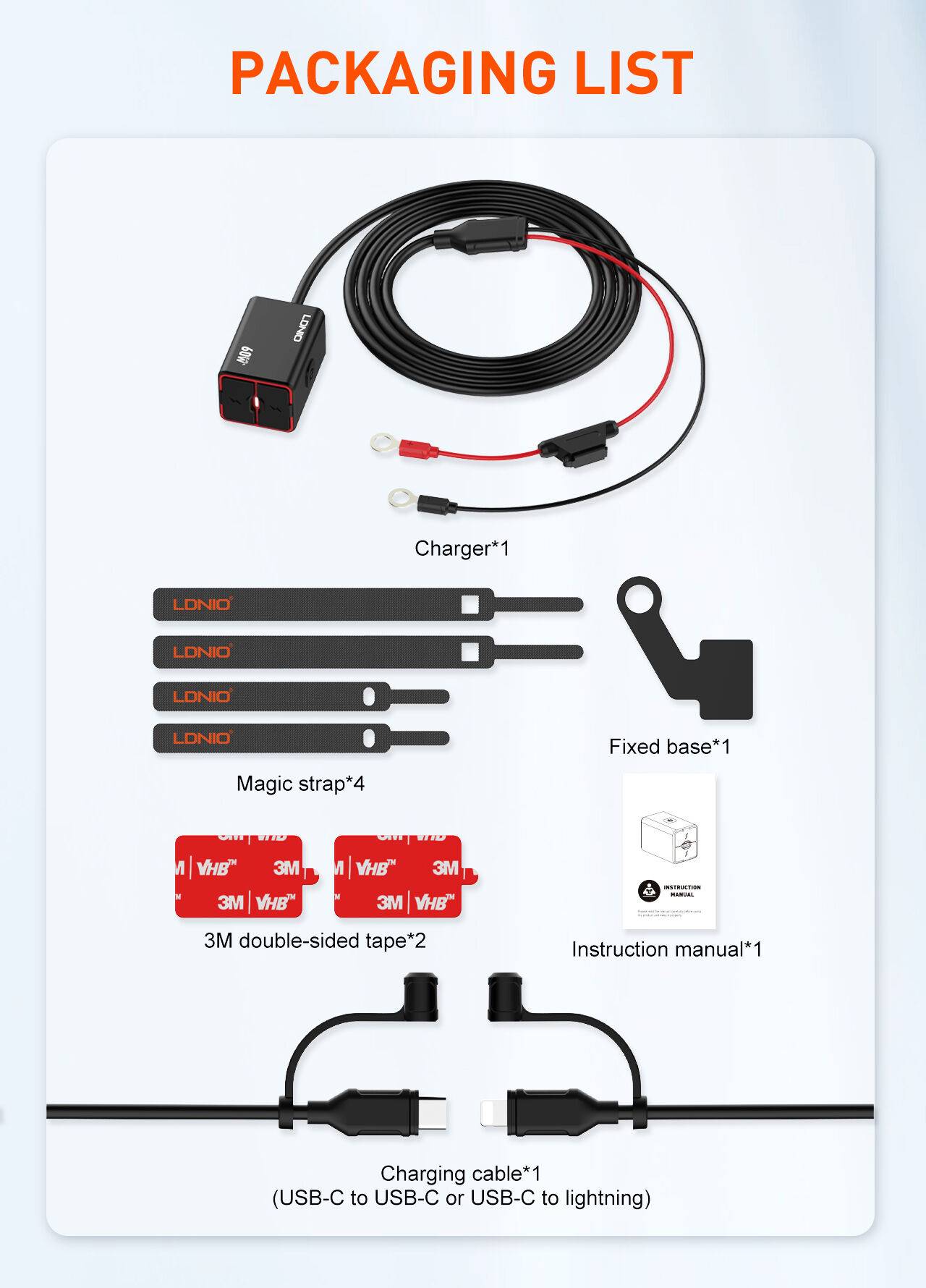 LDNIO C108 60W Waterproof Fast Car Charger Wired Extension Cord for Motorcycles