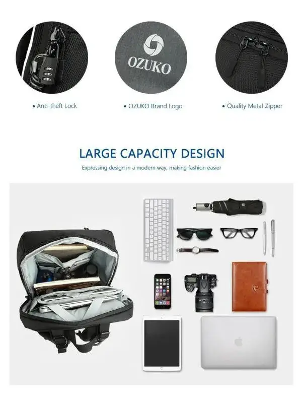 Ozuko 9214 Men's Waterproof Laptop Backpack with USB Charging Stylish & Travel-Ready