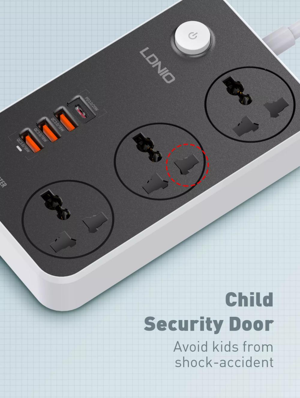 LDNIO SC3412 Power Strip with 3 Outlets & Fast Charging USB Ports