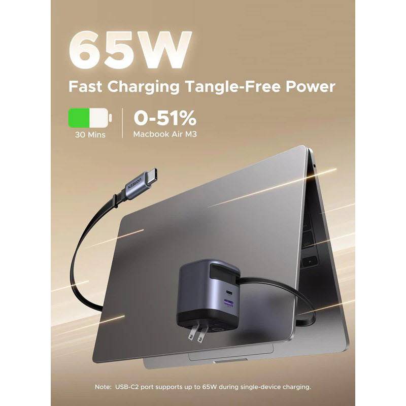 UGREEN Nexode Series USB-C Retractable Fast Chargers 45W, 65W & 100W GaN with Built-in Cable