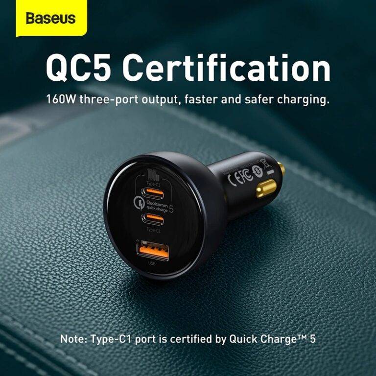 BASEUS 160W Multi-Port Car Charger Fast with Qualcomm QC 5.0 Type-C + Type-C + USB Power Adapter