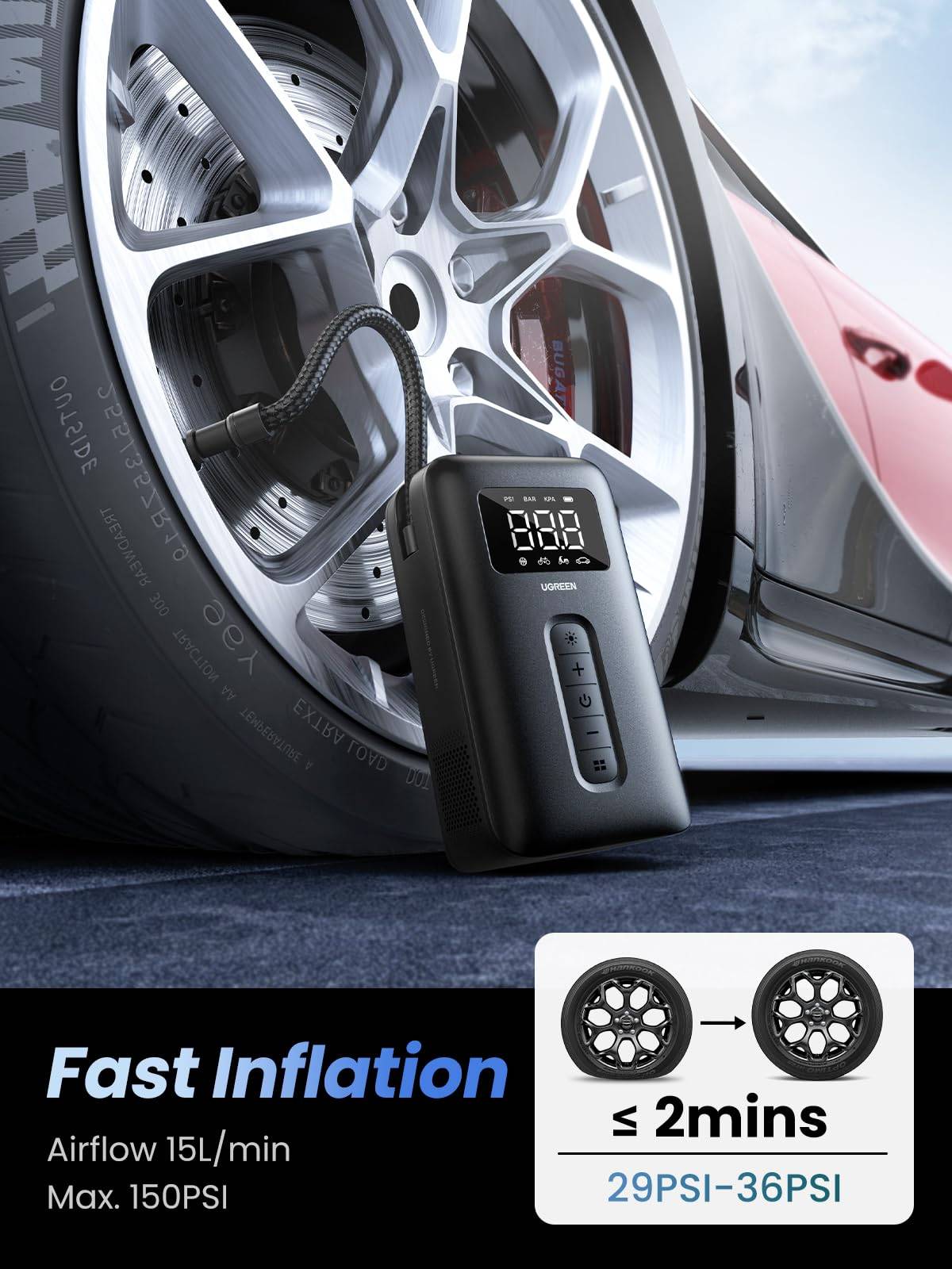 UGREEN Portable 5V 150PSI Smart Digital Car Air Compressor and Tire Inflator for Motorcycles and Bicycles