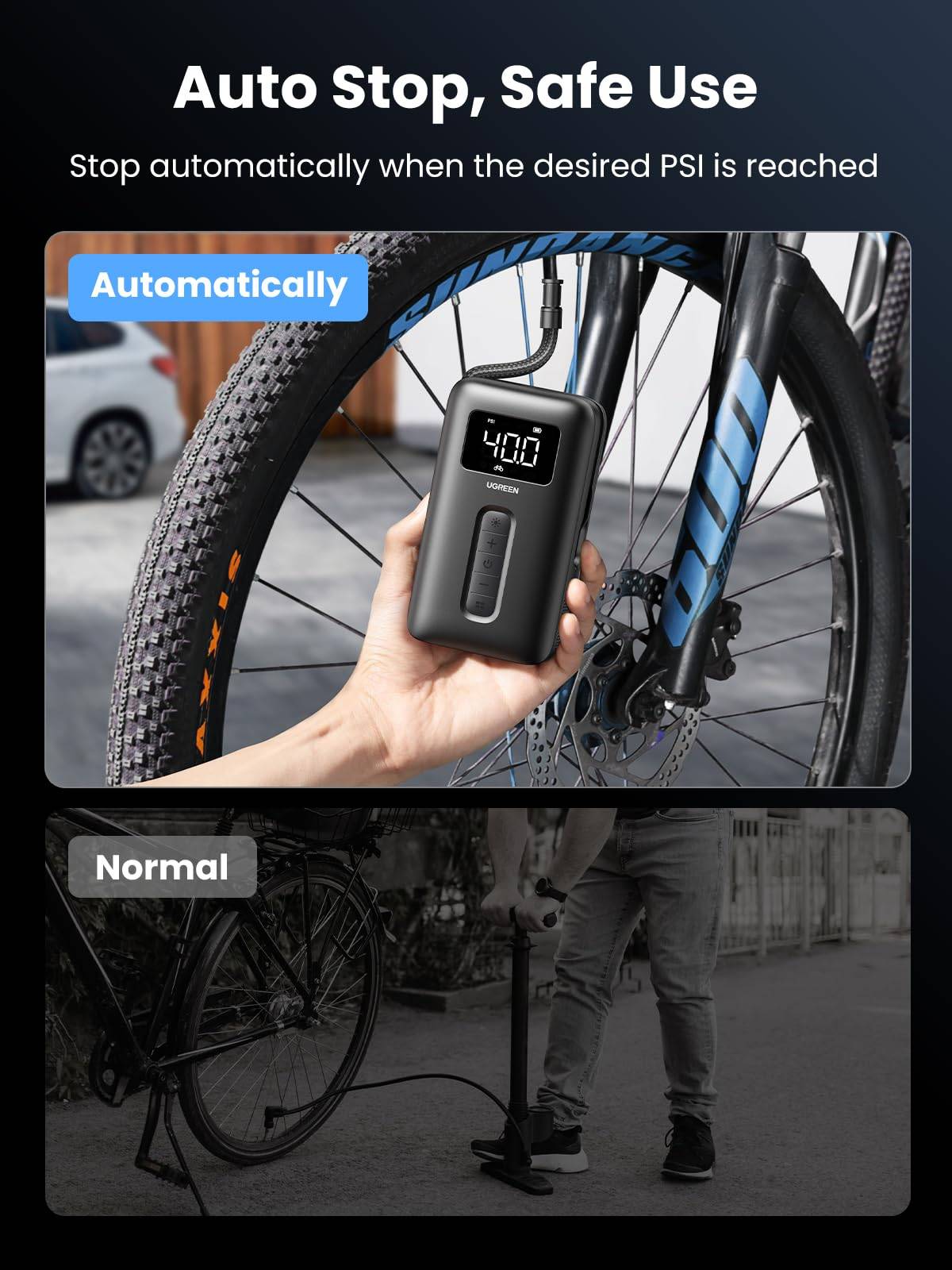 UGREEN Portable 5V 150PSI Smart Digital Car Air Compressor and Tire Inflator for Motorcycles and Bicycles
