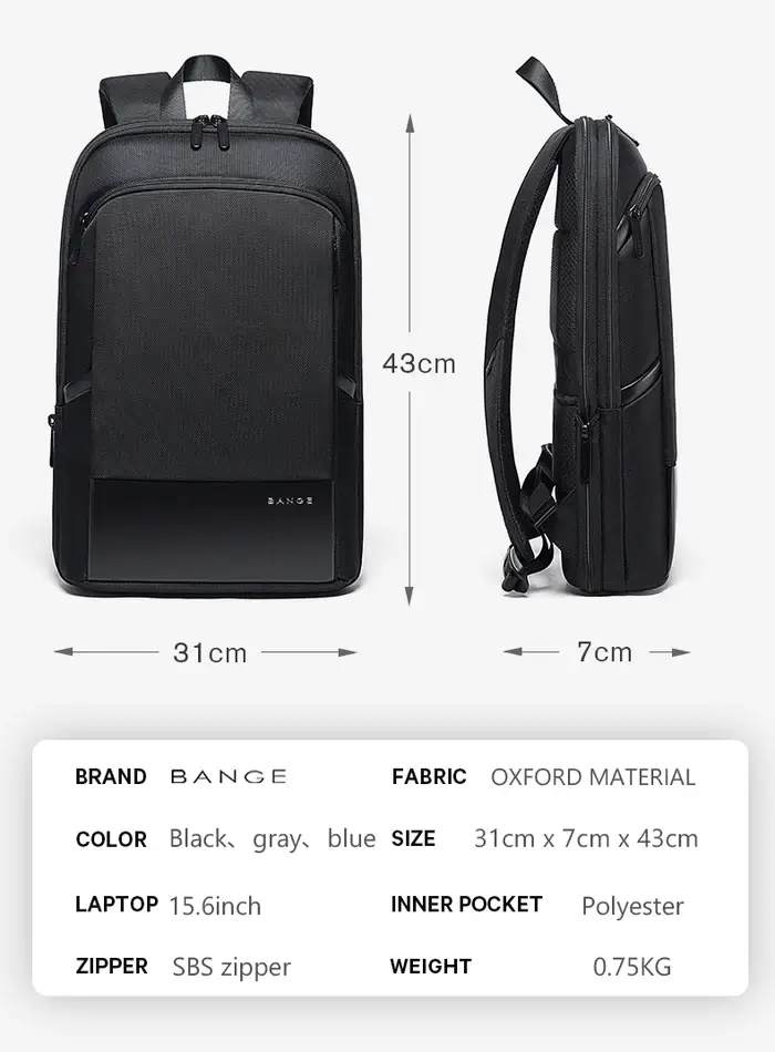 BANGE BG 77115 More Space Less Stress Anti-Theft Backpack That Grows with You